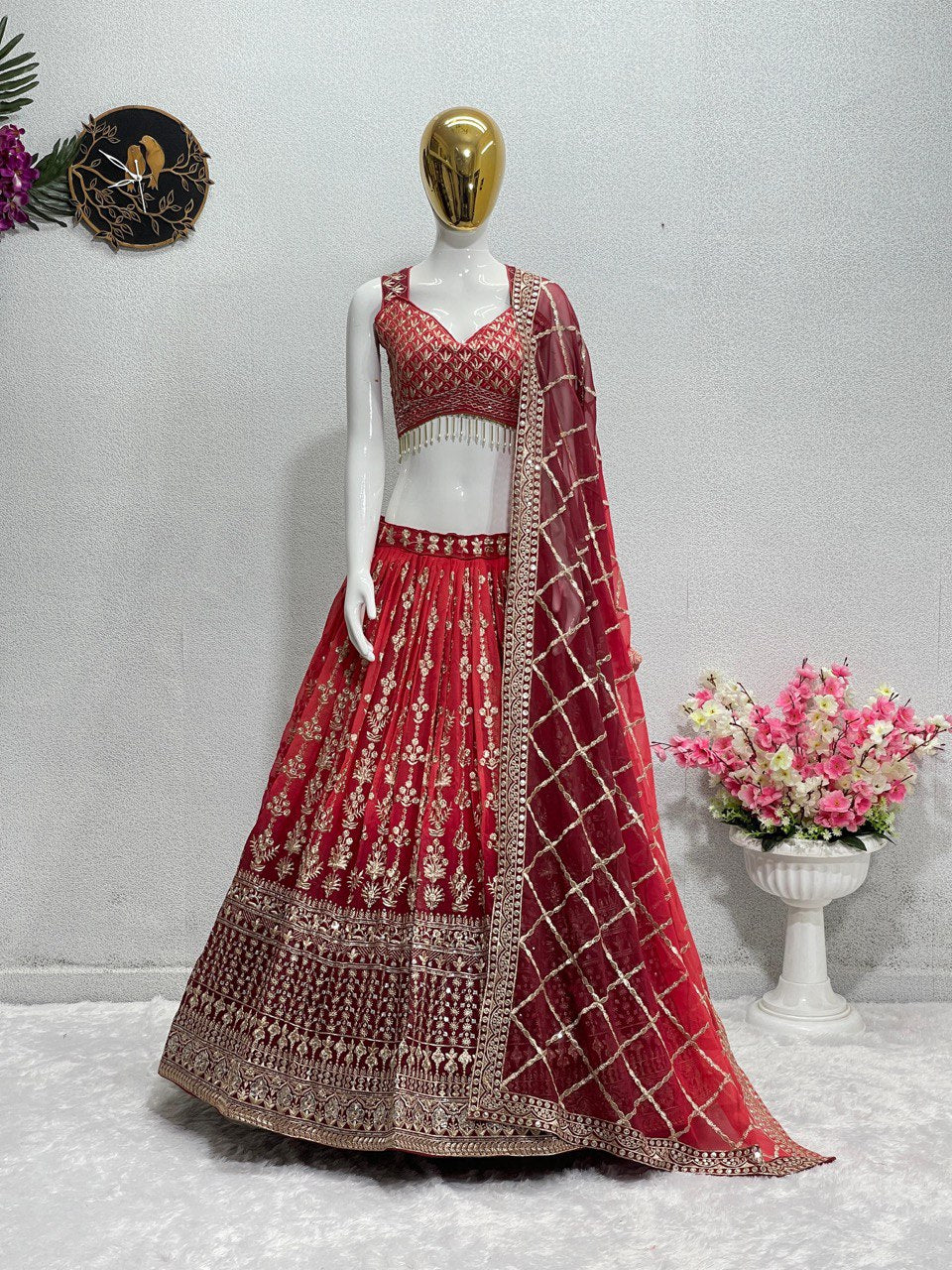 BRIDAL WEAR HEAVY FUAX GEORGETTE EMBROIDERED SEQUENCE WORK LEHENGAS CHOLI WITH DUPATTA CF-1610