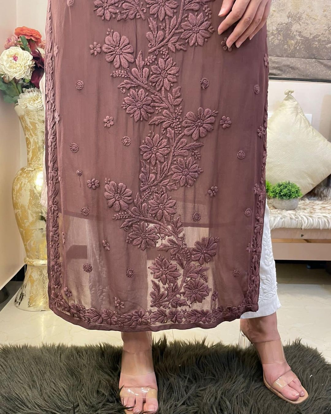 Brown Colour Chikankari Kurta Designer Summer Wear Embroidery Straight Kurta Palazzo Pants set Salwar Kameez Readymade LC-1255